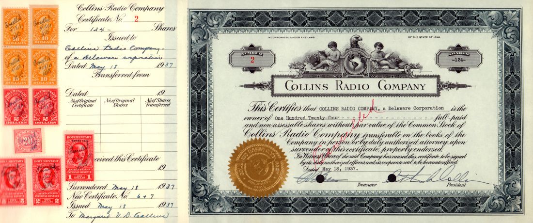 Collins Radio Company Stock Certificate Rockwell Cedar Rapids 