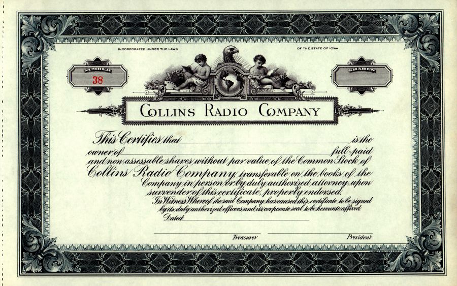 Collins Radio Company Stock Certificate 